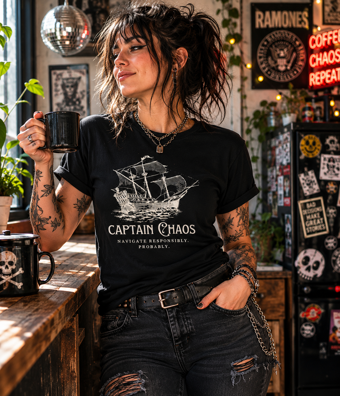 Captain Chaos, Navigate Responsibly. Probably - T‑Shirt — Vintage Pirate Sailing Graphic Tee