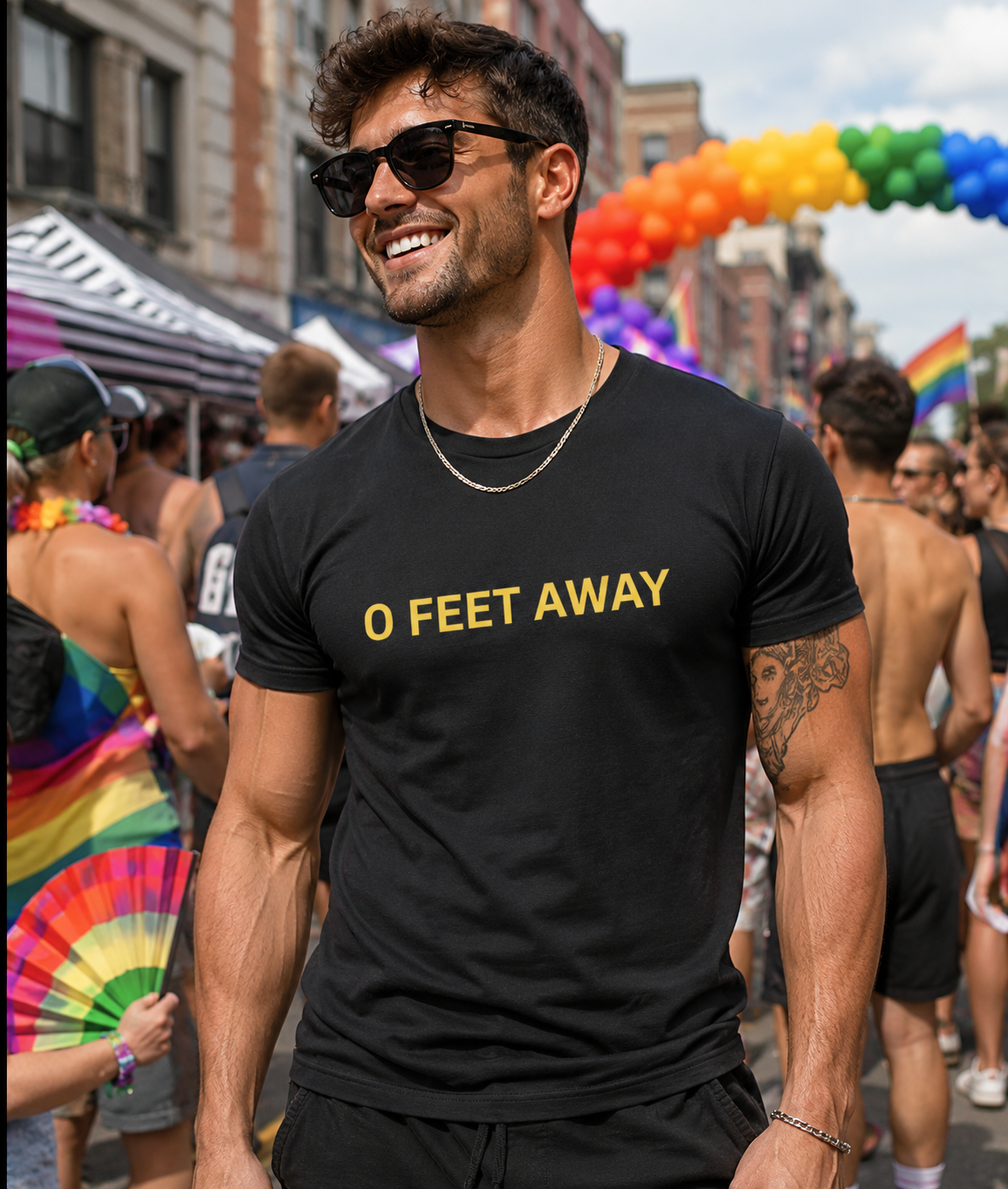 "0 Feet Away" Minimal Yellow Text Tee